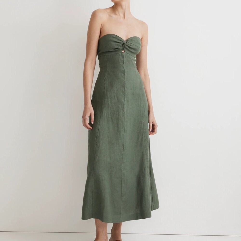 NWT Madewell Sage Green Linen Cutout Strapless Midi Dress